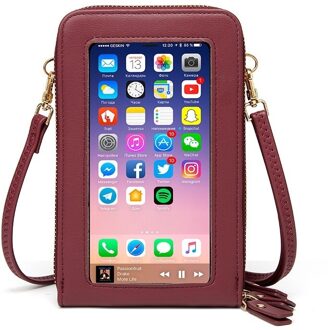 Touch Screen Mobiele Telefoon Tas Schoudertassen Vrouwelijke Messenger Bag Card Wallet Transparante Crossbody Tas Mobiel Beurs wijn rood