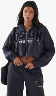 Towelling Applique Met Ritssluiting Boxy Cropped Hoodie, Charcoal - XL