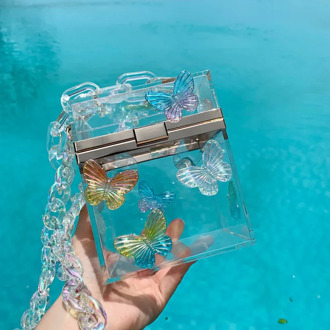 TOYOOSKY Fashion Transparent Bag Women Evening Party Purses Laser Butterfly Tote Holiday Bag Hard Clear Acrylic Square Box Bag