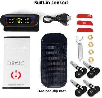 Tpms Groter Scherm Kleurrijke Display Draadloze Tpms 4 Sensoren Bandenspanning Temperatuur Alarm Monitoring Systeem Zonne-energie Opladen Built-in sensors