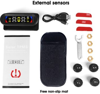 Tpms Groter Scherm Kleurrijke Display Draadloze Tpms 4 Sensoren Bandenspanning Temperatuur Alarm Monitoring Systeem Zonne-energie Opladen extern sensors