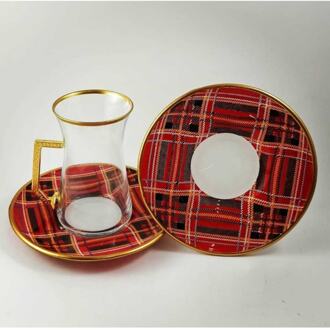 Traditional Turkish Tea Bardğı Cochineal Checked Tea Kit Set 12 Piece handle Tea and coffee cup Turkish Arabic Russian tea Set
