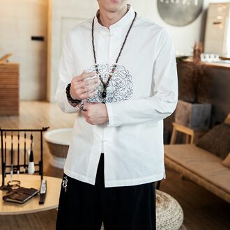 Traditionele Chinese Kleding Voor Mannen Katoen Linnen Shirts Wit Borduren Kung Fu Tai Chi Hanfu Mannelijke China Stijl Tops CN-024 XXL