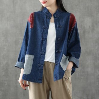 Traditionele Chinese Tops Voor Vrouwen Streetwear Vest Shirt Patchwork Herfst Chinese Stijl Mode Hanfu Vintage Pocket Casual donker blauw