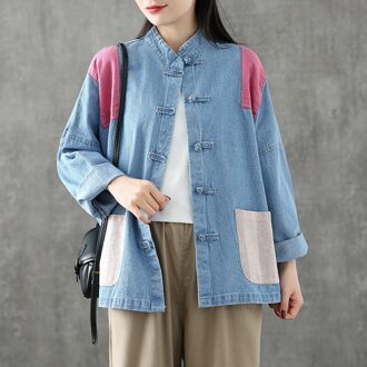 Traditionele Chinese Tops Voor Vrouwen Streetwear Vest Shirt Patchwork Herfst Chinese Stijl Mode Hanfu Vintage Pocket Casual licht blauw