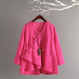 Traditionele Chinese Vrouwen Tops Retro Casual Solid Linnen Thee Set Ademend Tai Chi Hanfu Volledige Mouw Gesp Tops Broek roos rood Shirt