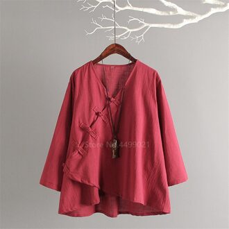 Traditionele Chinese Vrouwen Tops Retro Casual Solid Linnen Thee Set Ademend Tai Chi Hanfu Volledige Mouw Gesp Tops Broek wijn rood Shirt