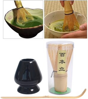 Traditionele Matcha Thee Whisk Set Keramische Garde Houder Bamboe Thee Scoop zwart