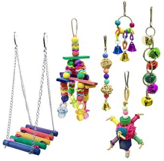 Transer 6 stks/partij Papegaai Vogel Speelgoed Sets Opknoping Houten Brug Kleurrijke Kralen Bell Speelgoed Vogels Chew Huisdier Producten Supply 9905