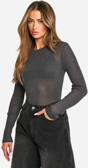 Transparante Geribbelde Breistrui Met Lange Mouwen, Charcoal - S