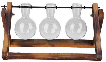 Transparante Glazen Vaas Houten Frame Iron Art Terrarium Bonsai Tafel Ornamenten Glas En Hout Vaas Planter Terrarium Tafel Desktop B glass vase3