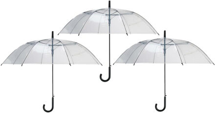 Transparante paraplu - 3x - kunststof handvat - dia 100 cm - doorzichtig - zwarte accenten