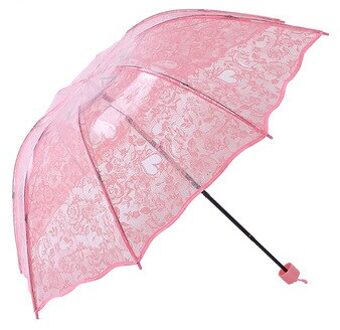 Transparante Paraplu Opvouwbare Paraplu Prinses Kant Compacte Leuke Handleiding Parasol Drie-vouwen 8 Ribben Zonnige Regenachtige Paraplu UV roze