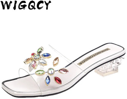 Transparent Middle Heels Slippers Female Shoes Colorful Rhinestone New Summer Shoes Women Fashion Crystal Clear Cool Mules Slide