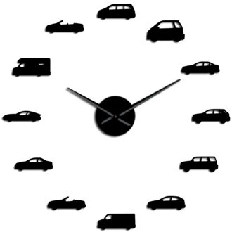 Transport Auto Diy 3D Acryl Wandklok Sport Auto Automotive Quartz Horloge Batterij Operated Spiegel Oppervlak zwart