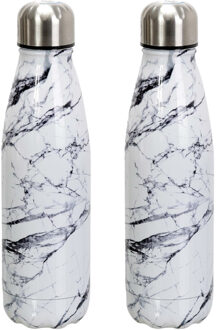 Travel drinkfles voor warme en koude dranken - 2x - marmer - roestvrij staal - met schroefdop - 500