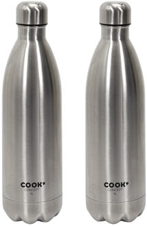 Travel drinkfles voor warme en koude dranken - 2x - zilver - roestvrij staal - schroefdop - 1000 ml