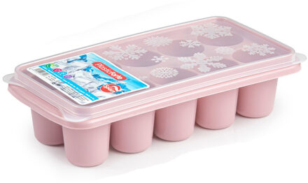 Tray met dikke ronde blokken ijsblokjes/ijsklontjes vormpjes 10 vakjes kunststof oud roze - IJsblokjesvormen