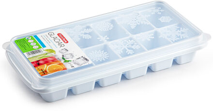 Tray met ijsblokjes/ijsklontjes vormpjes 12 vakjes kunststof wit met deksel - IJsblokjesvormen
