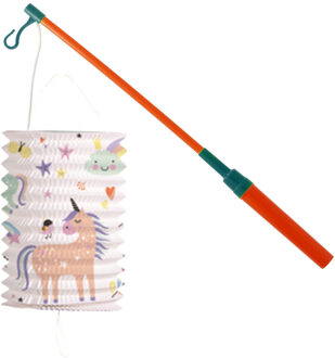 Trek lampion eenhoorns - meerkleurig - H16 cm - papier - met lampionstokje - 40 cm