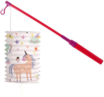 Trek lampion eenhoorns - meerkleurig - H16 cm - papier - met lampionstokje - 40 cm