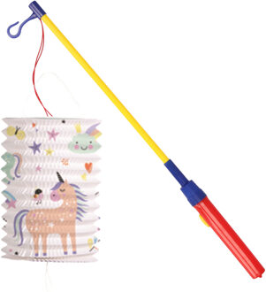 Trek lampion eenhoorns - meerkleurig - H16 cm - papier - met lampionstokje - 50 cm