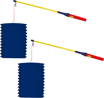 Trek lampion langwerpig 2x - donker blauw - H20 cm - papier - met lampionstokje 2x - 50 cm
