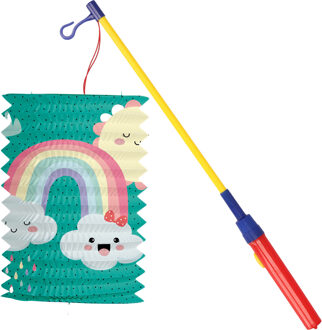 Trek lampion regenboog - blauw - H16 cm - papier - met lampionstokje - 40 cm