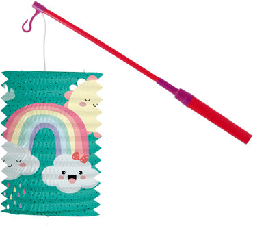 Trek lampion regenboog - blauw - H16 cm - papier - met lampionstokje - 40 cm