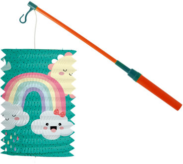 Trek lampion regenboog - blauw - H16 cm - papier - met lampionstokje - 40 cm