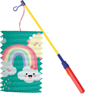 Trek lampion regenboog - blauw - H16 cm - papier - met lampionstokje - 50 cm