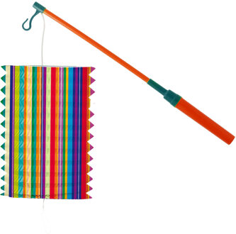 Trek lampion streep - meerkleurig - H16 cm - papier - met lampionstokje - 40 cm