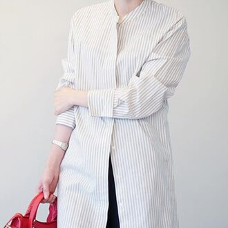 Trekkoord Lange Blouse Vrouwen Casual Gestreepte Losse Twill Tops Vrouwelijke Stand Kraag Korte Gestreepte Shirts wit gestreept / S