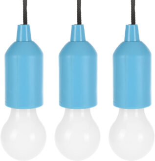 Treklamp LED licht - 3x - kunststof - blauw - 15 cm - met koord van 90 cm