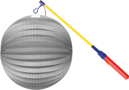 Treklampion + lampionstokje - metallic zilver - papier - rond - D23cm - decoratie - Sint Maarten