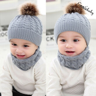 Trend 2PCS Leuke Peuter Kid Meisje Jongen Baby Baby Winter Warm Haak Muts Beanie Casual solid Cap Sets Grijs
