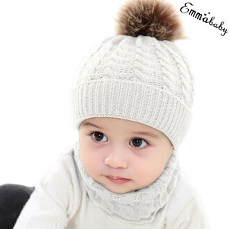 Trend 2PCS Leuke Peuter Kid Meisje Jongen Baby Baby Winter Warm Haak Muts Beanie Casual solid Cap Sets wit
