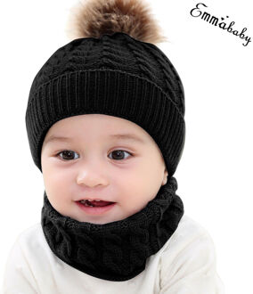 Trend 2PCS Leuke Peuter Kid Meisje Jongen Baby Baby Winter Warm Haak Muts Beanie Casual solid Cap Sets zwart