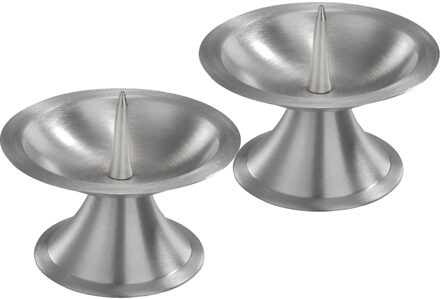 Trend Candles 2x Ronde metalen stompkaarsenhouder zilver voor kaarsen 5-6 cm doorsnede - kaars kandelaars Zilverkleurig