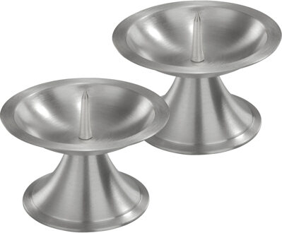 Trend Candles 2x Ronde metalen stompkaarsenhouder zilver voor kaarsen 7-8 cm doorsnede - kaars kandelaars Zilverkleurig