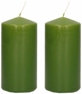 Trend Candles 2x stuks luxe Stompkaars/Cilinderkaars - 6x12 cm - 40 branduur - Olijfgroen - Stompkaarsen