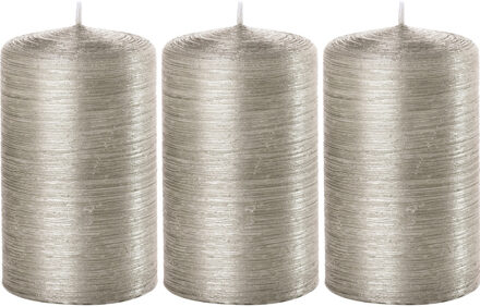 Trend Candles 3x Zilveren cilinderkaarsen/stompkaarsen 6 x 10 cm 25 branduren