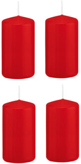 Trend Candles 4x stuks luxe Stompkaars/Cilinderkaars - 6x12 cm - 40 branduur - Rood - Stompkaarsen