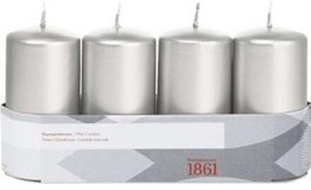 Trend Candles 4x Zilveren cilinderkaars/stompkaars 5 x 10 cm 18 branduren