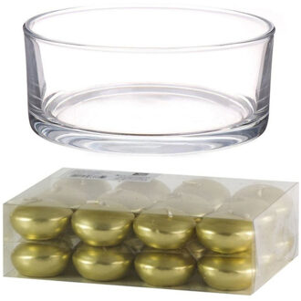 Trend Candles Cadeau set Lage luxe vaas 19 cm met gouden drijfkaarsen Goudkleurig