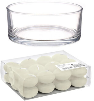 Trend Candles Cadeau set Lage luxe vaas 19 cm met ivoor witte drijfkaarsen - Waxinelichtjes