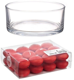 Trend Candles Cadeau set Lage luxe vaas 19 cm met rode drijfkaarsen