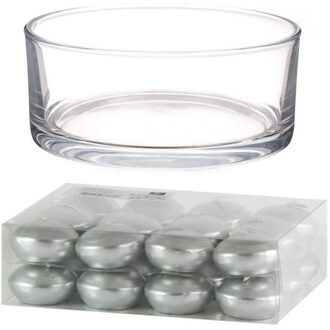 Trend Candles Cadeau set Lage luxe vaas 19 cm met zilveren drijfkaarsen