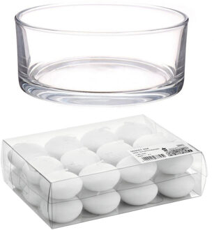 Trend Candles Cadeau set/Sfeer set van een lage luxe transparante vaas - 8 x 19 cm - met 24x witte drijfkaarsen