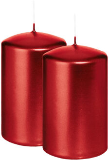 Trend Candles Cilinderkaars/stompkaars - 2x - metallic rood - 6 x 8 cm - 29 branduren
